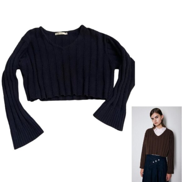 Moussy Ribbed V-Neck Crop ribbed Sweater One Size navy 28184 - Picture 1 of 9